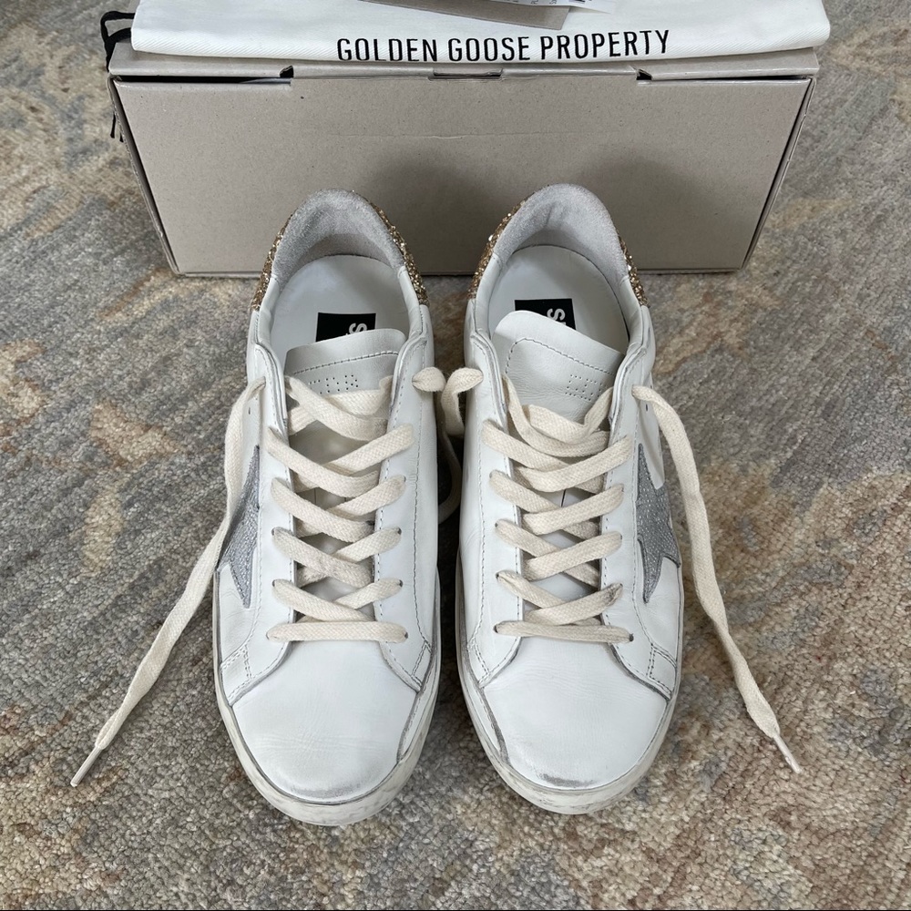 Golden Goose White Sneakers with Gold Glitter Heel and Silver Star - Picture 5 of 13
